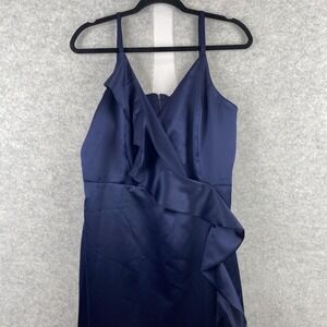 DKNY Dress Womens 16 Blue Satin Ruffle Mermaid Maxi V Neck Formal Gown Evening